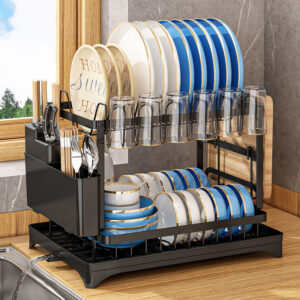 Collapsible 2 Tier Household Multifunctional Storage Bowl Dish Rack With Utensil Holder Dish Drainer.